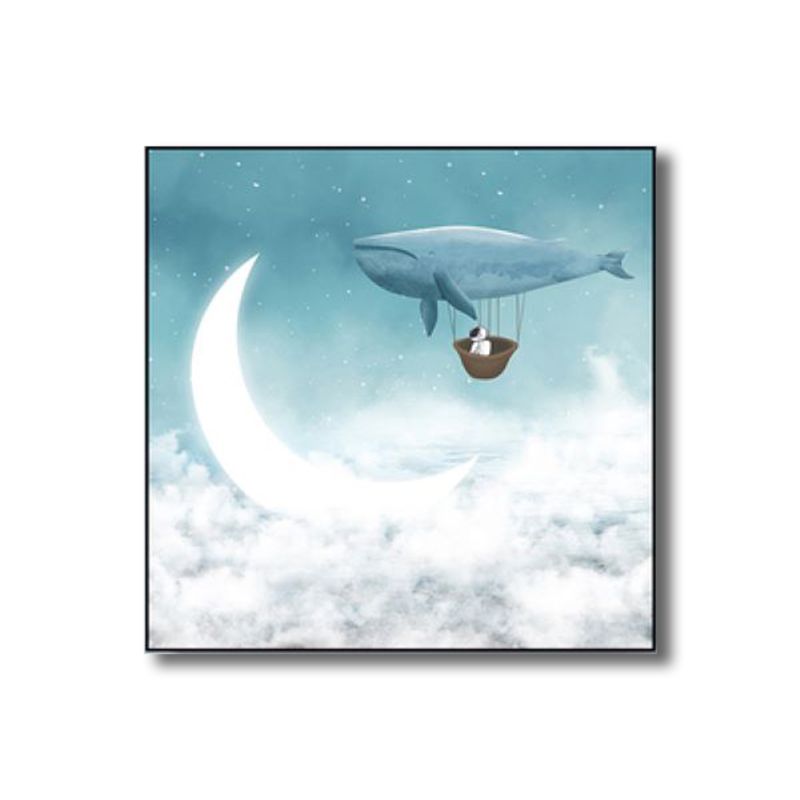 Moon Night Flying Whale Canvas Art Blue Kids Wall Decor for Sitting Room, Textured