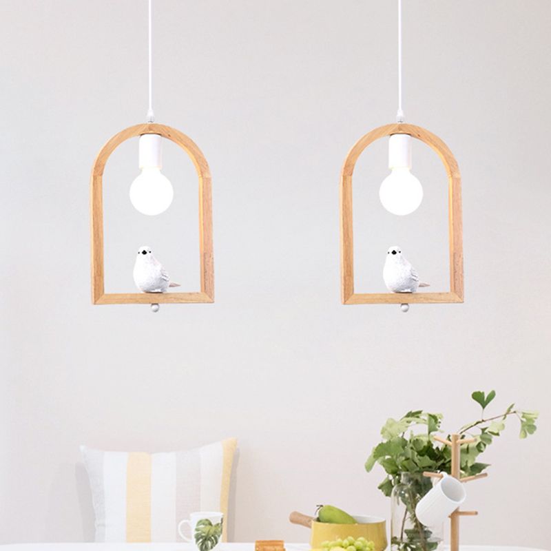 Resin Bird Pendant Ceiling Lamp Nordic 1 Light White Pendulum Light with Wooden Arch Frame