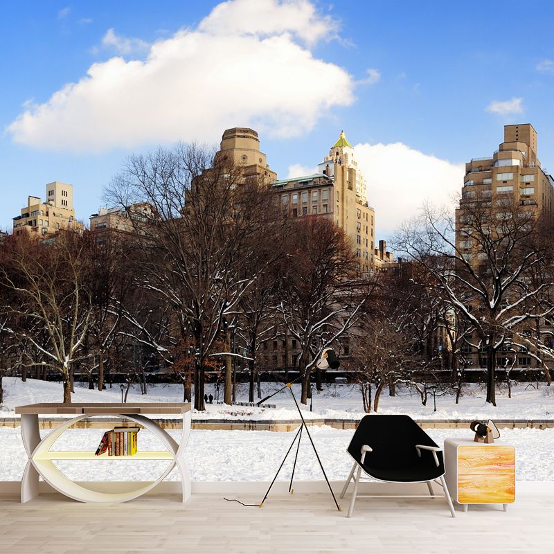 Snowy City Street View Mural Wallpaper Brown Modern Style Wall Decor for Living Room