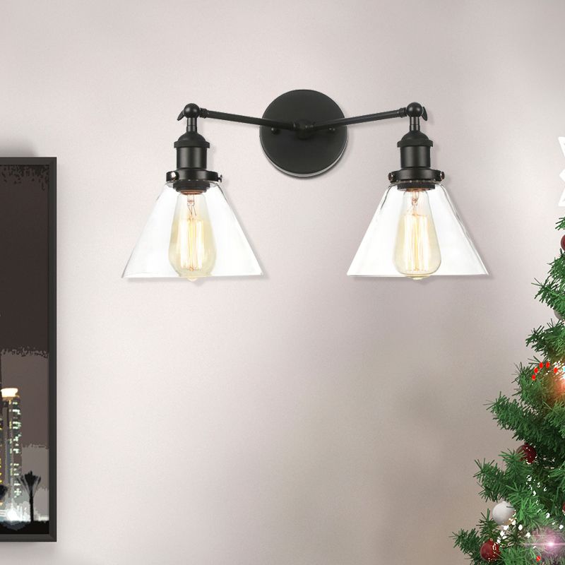 Clear Glass Conical Wall Mount Light Vintage 2 Lights Living Room Sconce Fixture in Black/Brass/Bronze