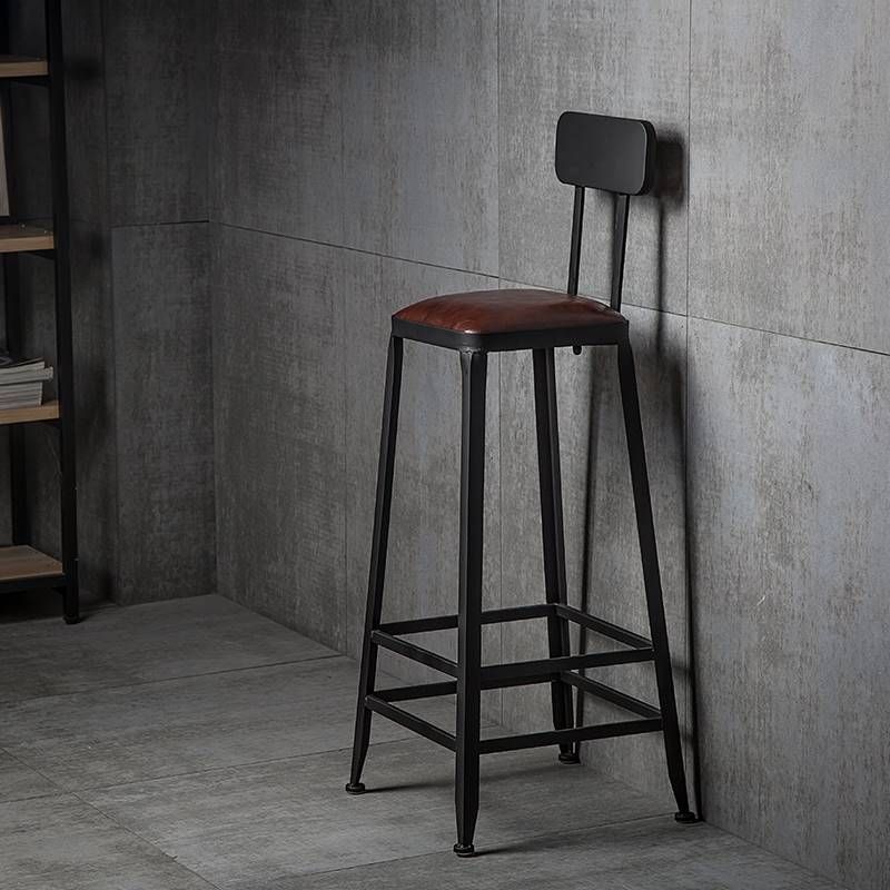 Industrial Armless Counter Stool Iron Bar Stool with Leather Cushion and Pedal for Cafe