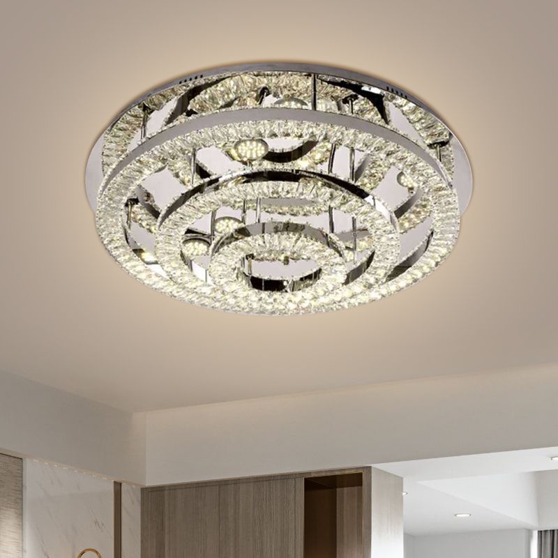 Layered Ring Crystal Block Ceiling Lamp Contemporary LED Chrome Semi Flush Mount in Warm/White Light