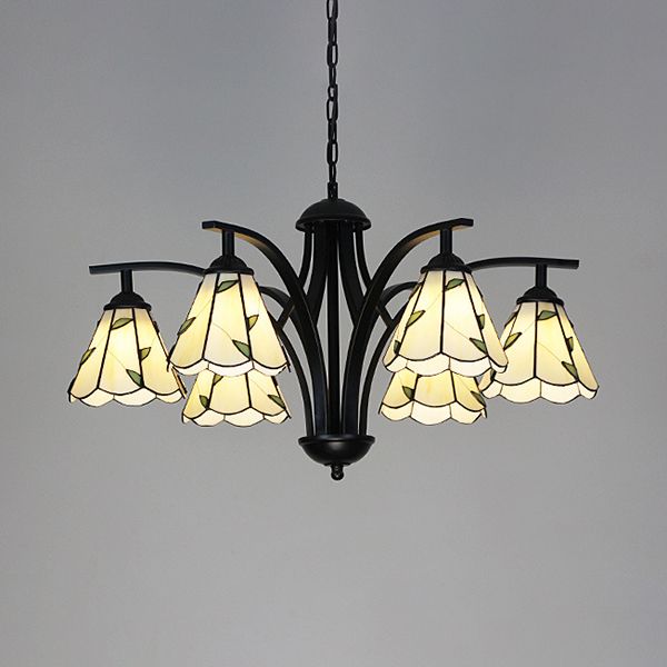 Cône Hanging Light avec design de feuille verte / bleue 6 lumières lustres en vitrail rustique en finition noire