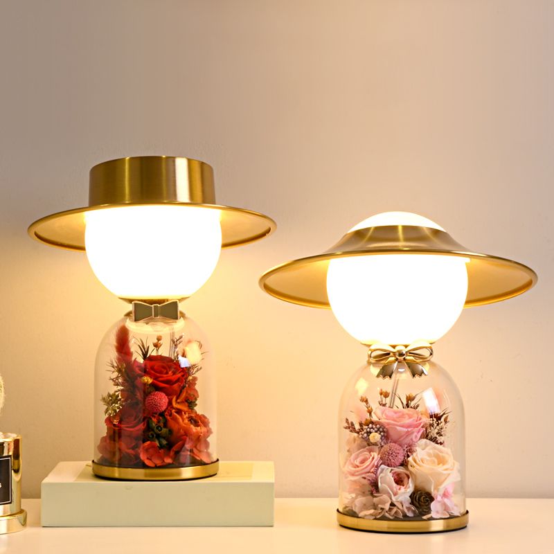 White Glass Newlywed Nightstand Lamp Modern 1-Bulb Gold Table Light with Flower Decor