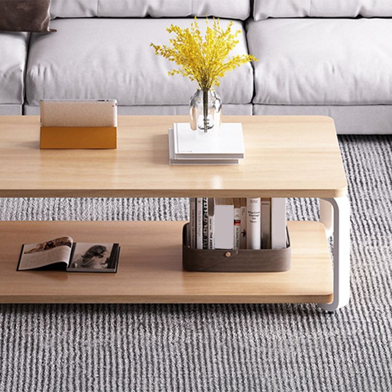Modern Style Wooden Rectangular Table with Abstract Base for Storage Rack Coffee Table