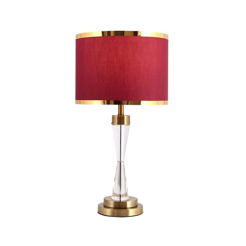 Fabric Shade Red Table Light Round 1 Head Traditional Crystal Night Stand Lamp for Living Room