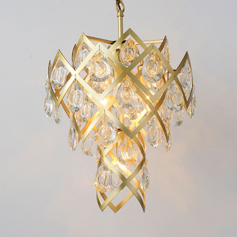 Mid Century Crisscrossed Chandelier 4 Lights Faceted Crystal Drip Pendant Light in Gold