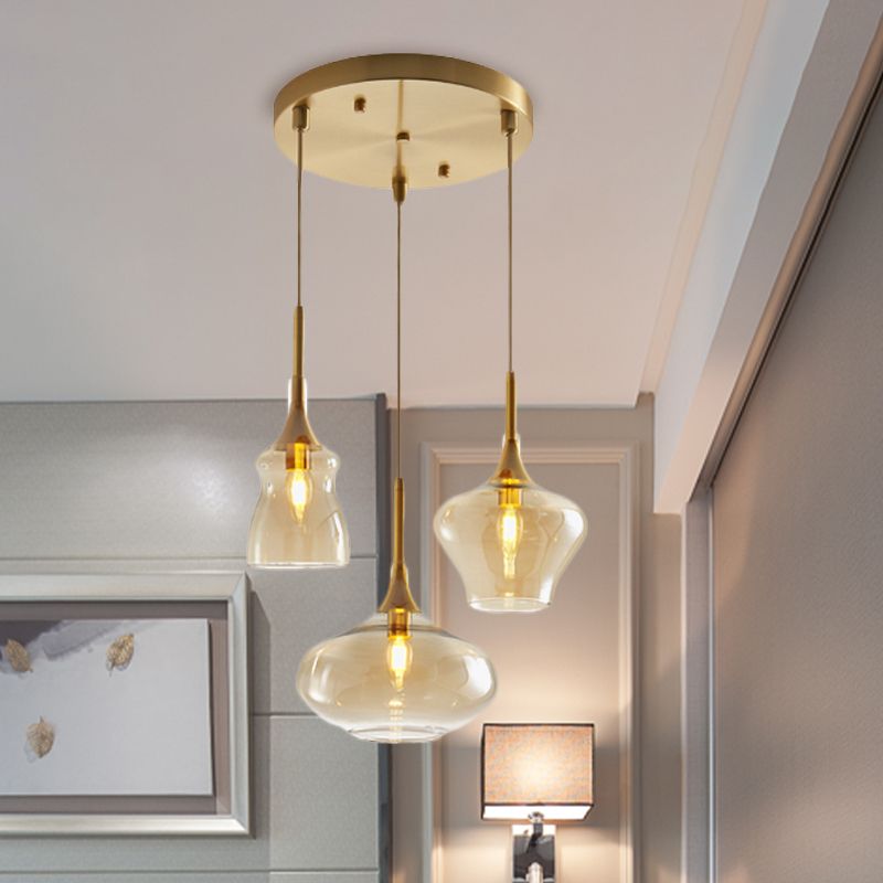 Clear/Cognac Glass Wavy Multi Ceiling Light Modernism 3 Bulbs Gold Hanging Pendant Lamp
