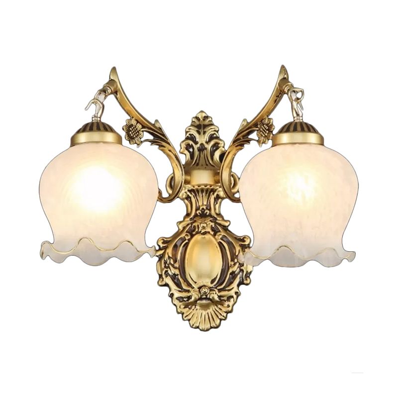 2-Light Opal Frosted Glass Wall Light Traditional Bronze Floral Bedroom Sconce Lighting