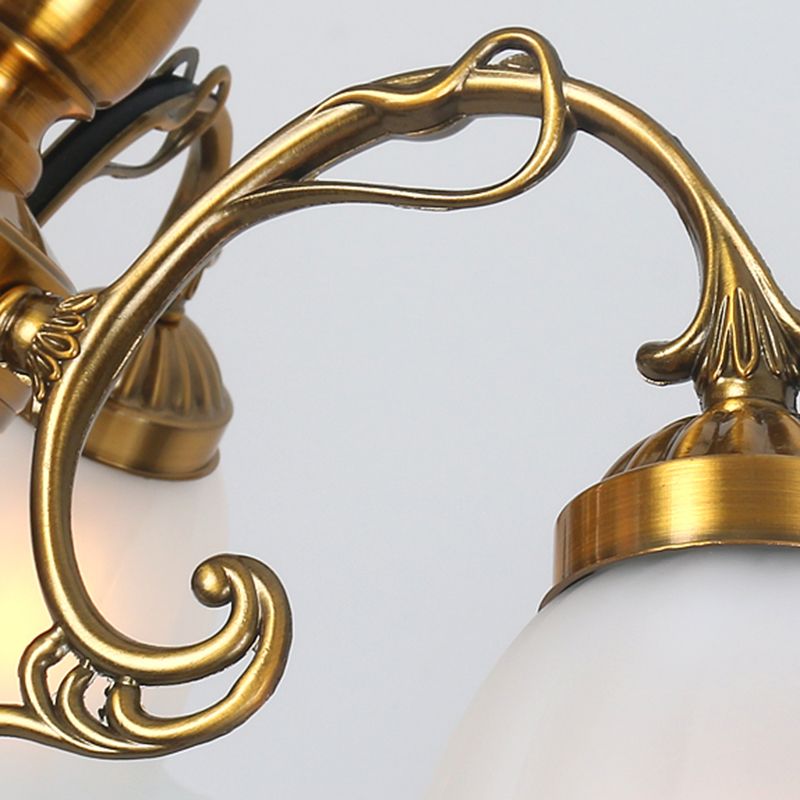 Traditional Metal Semi Flush Lamp Bedroom Ceiling Lighting with Flower Glass Shade