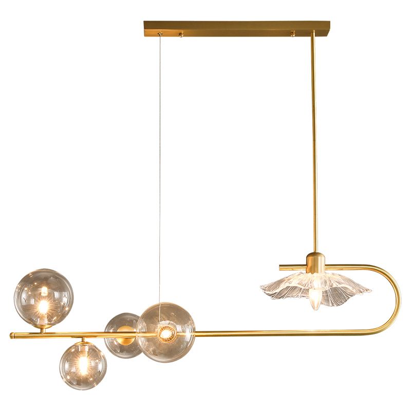 Creative Postmodern Suspension Lamp Brass Finish Ball and Lotus Leaf Island Light with Glass Shade