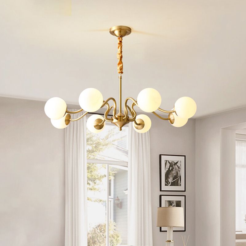 American Style Chandelier White Glass Multi Light Hanging Light with Brass for Bedroom