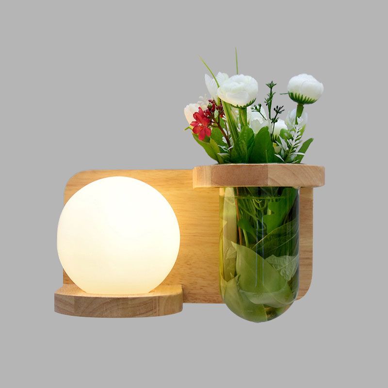 Milky Glass Orb Sconce Light Industrial 1 Head Bedroom LED Wall Lighting in Wood, Left/Right