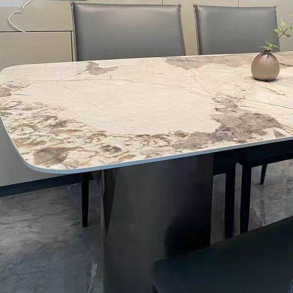 Rectangle Double Pedestal Glam Dining Table Brown Tone Fixed Table with Sintered Stone
