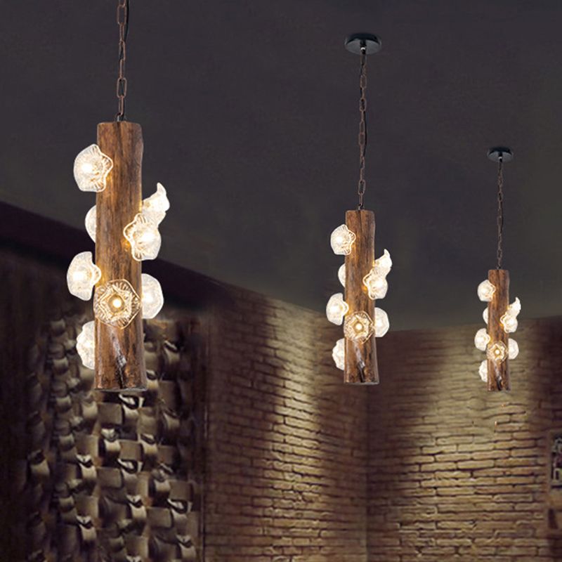8 Heads Wood Hanging Chandelier Industrial Beige Flared Restaurant Suspension Lamp