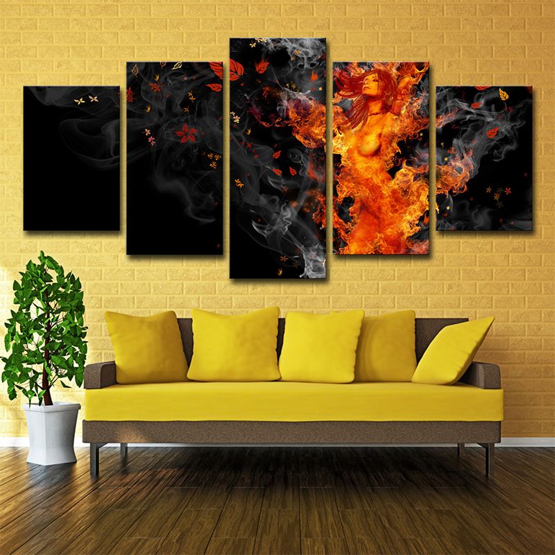Nirvana Canvas Art Modern Beautiful Woman on Fire Wall Decor in Yellow and Black