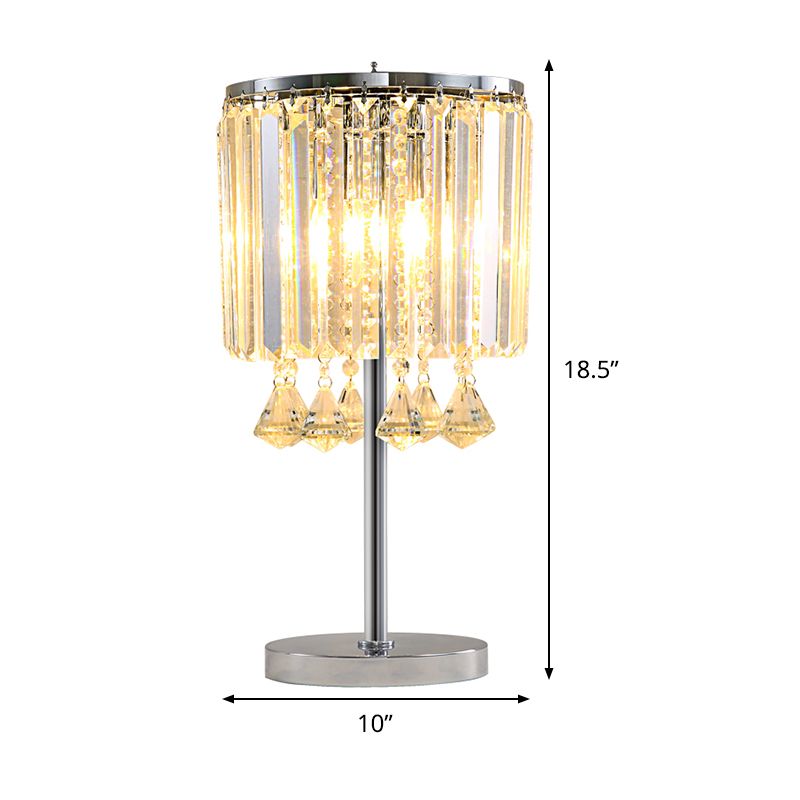 2 Heads Drum Task Light Modern Faceted Crystal Table Lamp in Chrome with Crystal Teardrop