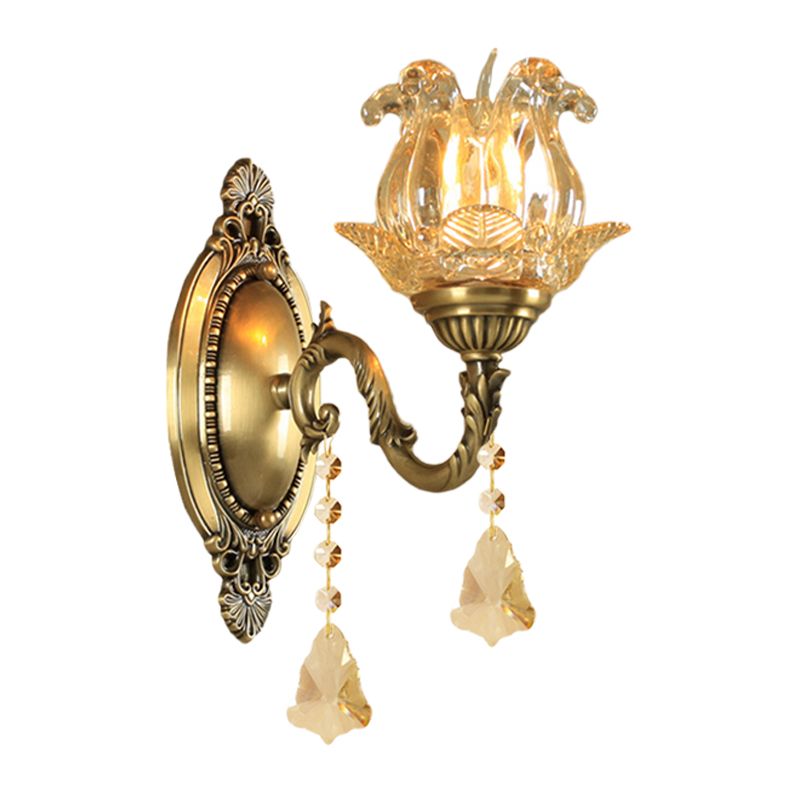 Traditional Semi-Open Flower Sconce 1/2-Light Clear Glass Wall Mount Lighting in Brass