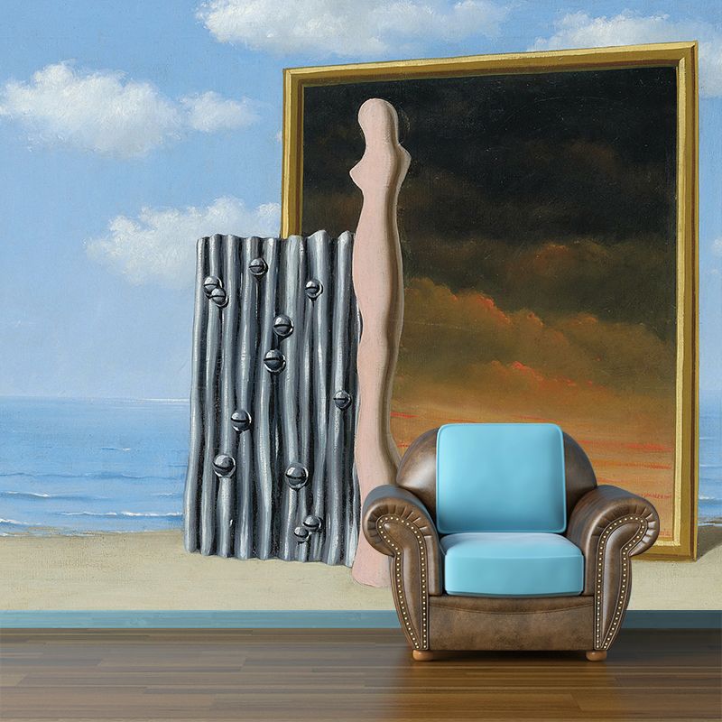 Gelb-blaue surrealistische Wandtapete in Originalgröße, Komposition an einem Meeresufer, Gemälde, Wanddekoration für Zuhause