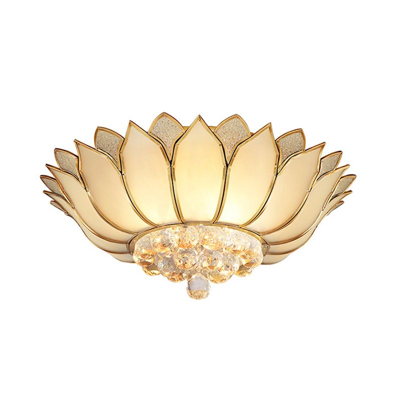 Golden Lotus Flush Mount Light Traditional 4/6 Lights Glass Ceiling Lamp with Crystal Drop