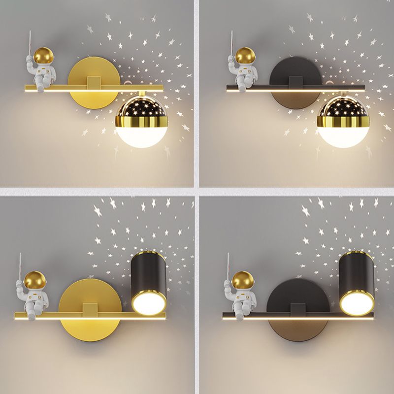 Kids Astronaut Wall Lamp Metal Sconce Lighting in Black and Gold for Bedroom