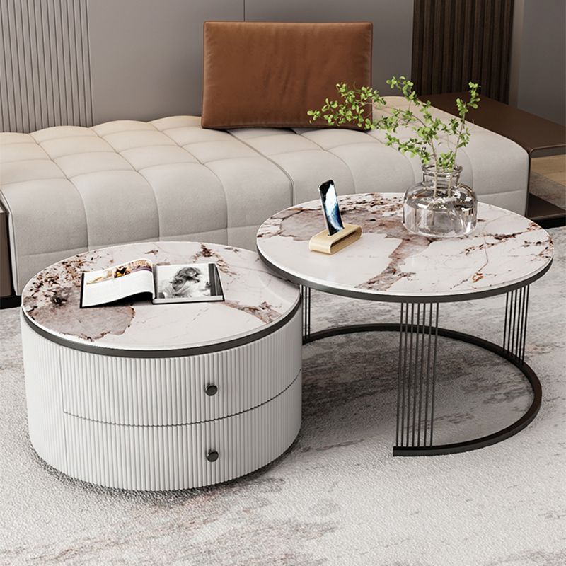 Slate Round Coffee Table Frame Nesting Coffee Table Set for Living Room