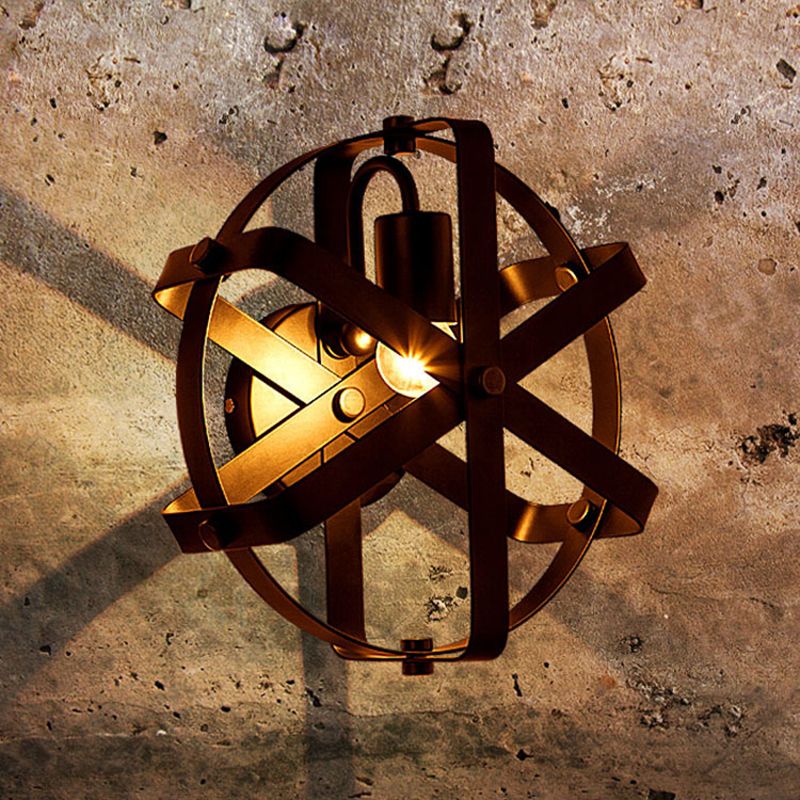 Metallic Black Wall Mount Light Round Shade 1 Light Industrial Style Sconce Lighting with Gear Design