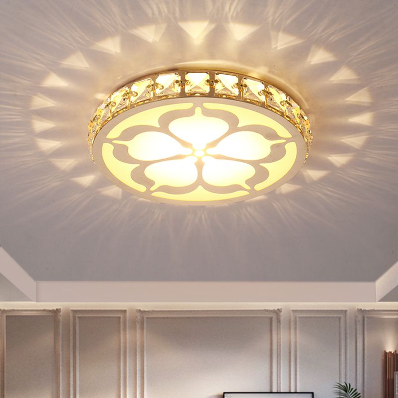 Round Flush Mount Lamp Modernity Faceted Crystal White/Gold LED Ceiling Light Fixture with Flower Pattern