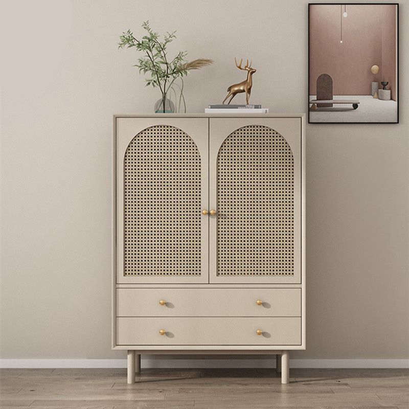Solid Wood Glass/Rattan Door Cabinet Mid Century Beige Chest with Drawers