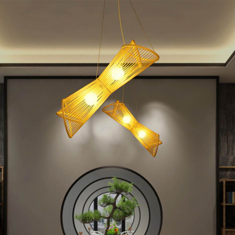 Bamboo Laser Cut Pendant Chandelier Asian Style 2 Heads Beige Suspension Lamp for Restaurant