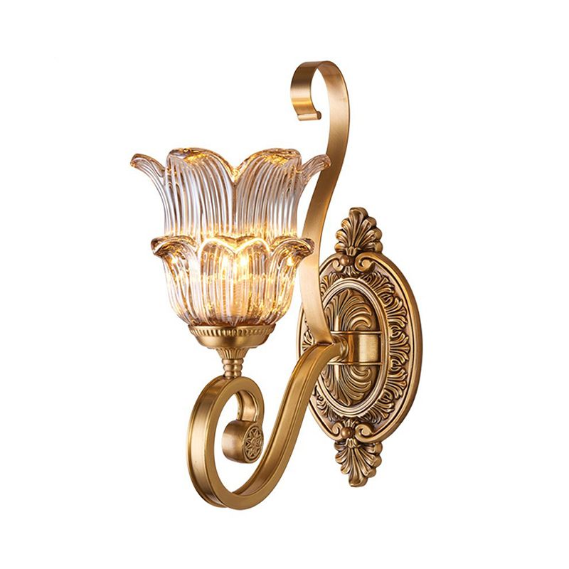 Brass 1/2-Bulb Wall Lighting Fixture Countryside Crystal Glass Flower Wall Light Sconce with Swooping Arm