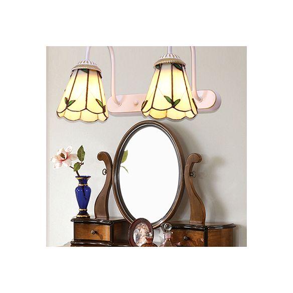 Beige Glass Lily Wall Mounted Lighting Tiffany 2 Heads White Vanity Light Fixture