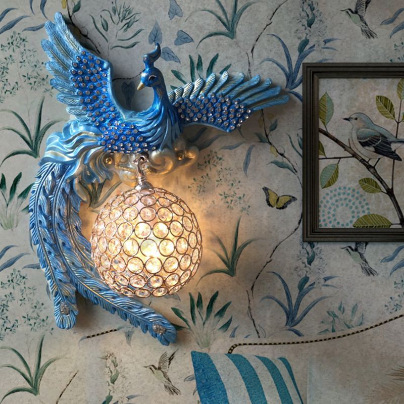 Orb Metal and Crystal Wall Lamp Antique 1 Light Living Room Sconce Light with White/Gold/Blue Phoenix toward Right/Left