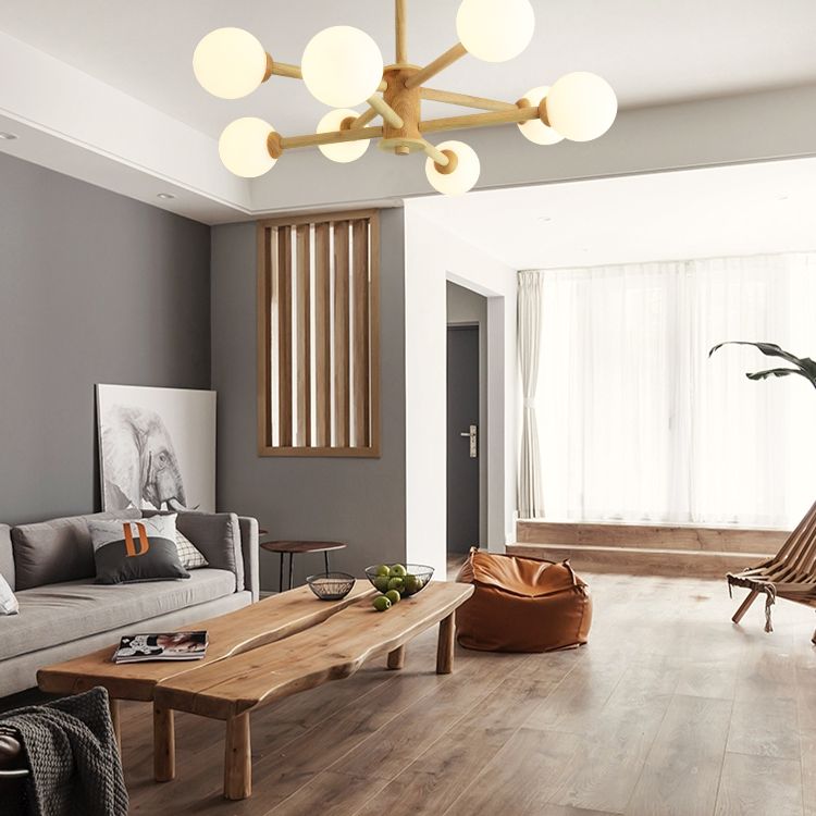 Beige Solid Wood Hanging Light Simplicity Modern Style White Frosted Glass Shade Chandelier Lamp for Living Room Bedroom