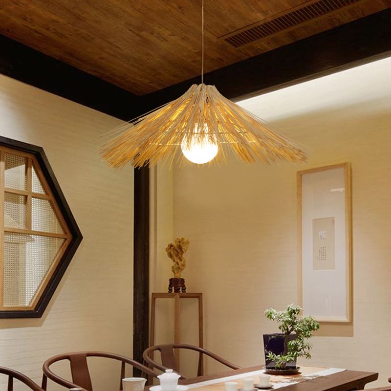 Asia Bamboo Down Pendant Hat Dining Room Hanging Ceiling Light with 1 Light