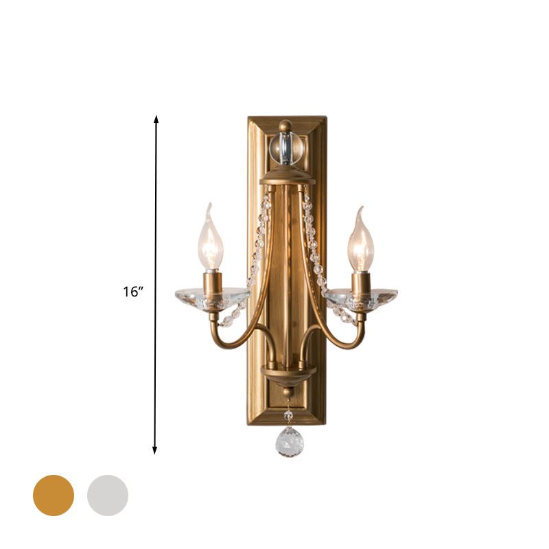 2 Lights Candle Wall Lighting Rural Gold/Silver Metal Wall Light Fixture with Crystal Ball for Bedroom