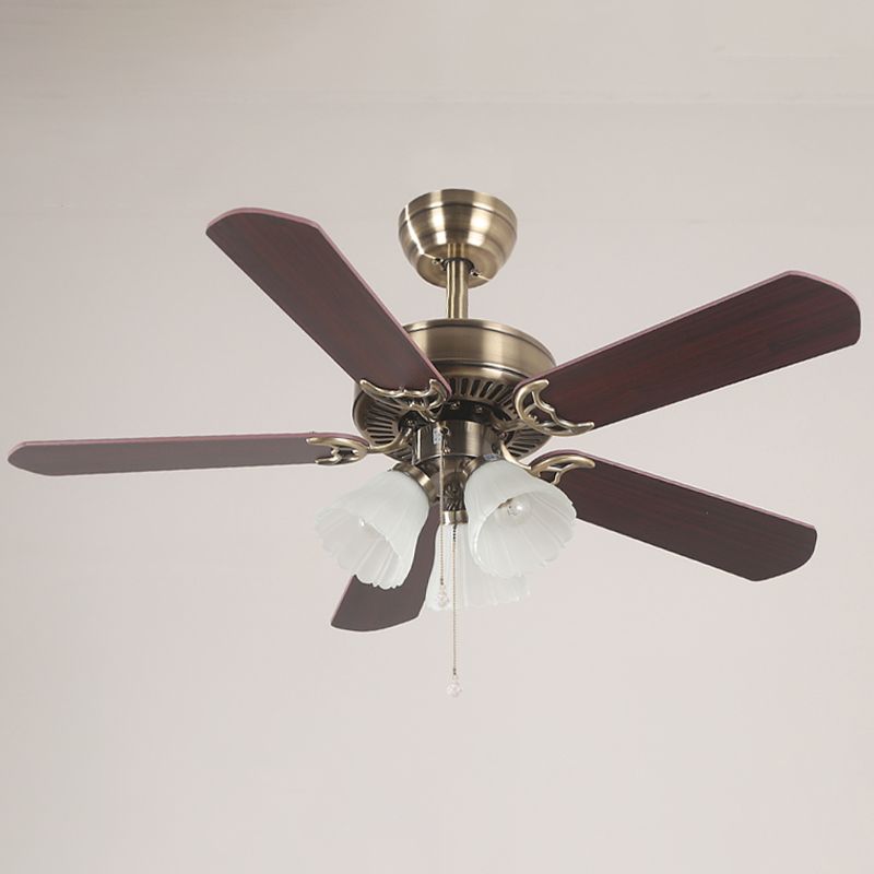 5-Blade Brass Floral Shade Hanging Fan Lamp Classic Frost Glass 3 Bulbs Living Room Semi Flush Light, 42.5" W