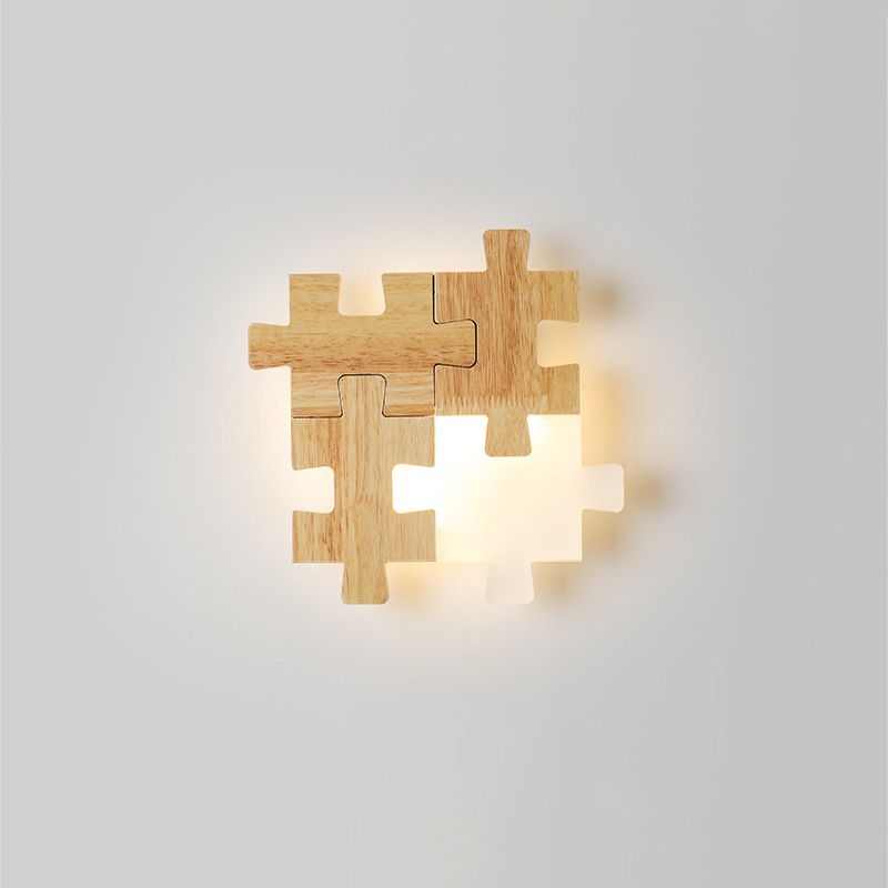 Jigsaw Puzzle Sconce Light Simple LED Wood Wall Lighting Fixture with Opal Glass Shade for Bedroom