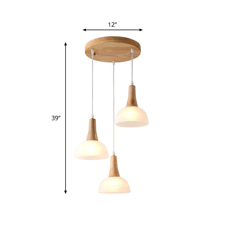 Bell/Bowl/Barrel Ceiling Hang Lamp Nordic Ivory Glass 3-Head Dining Room Round/Linear-Canopy Cluster Pendant in Wood
