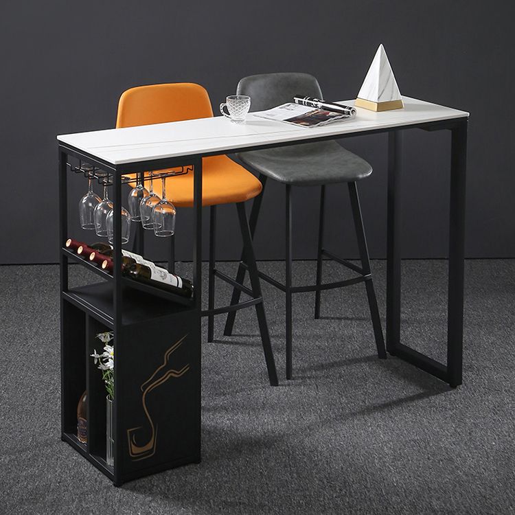 Industrial Rectangle Pub Table White Sintered Stone Bar Height Cocktail Table with Shelves