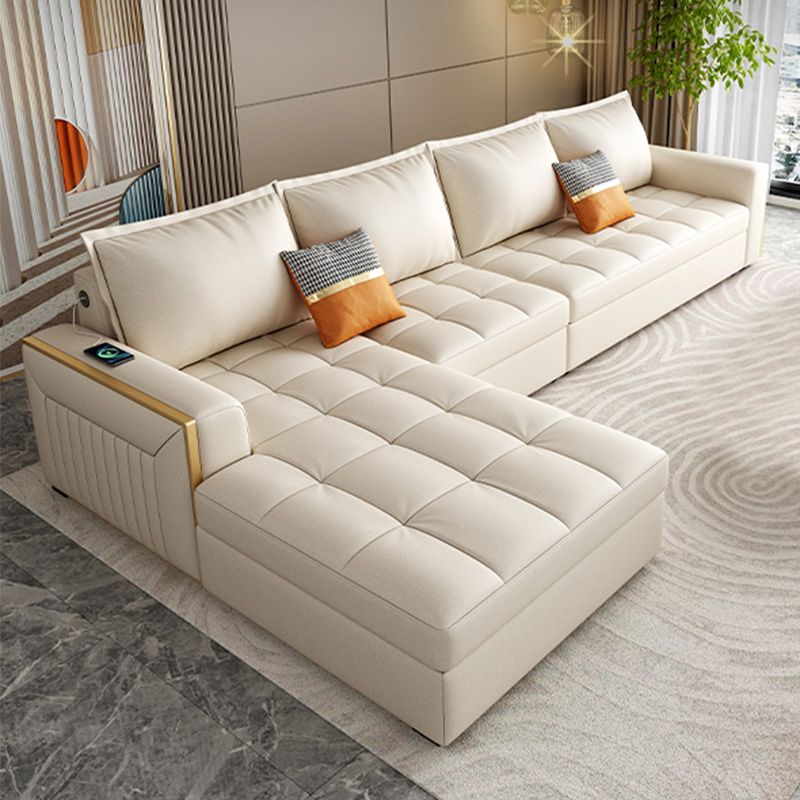 White Modern Sofa Bed with Storage USB Charging Convertible Sectional