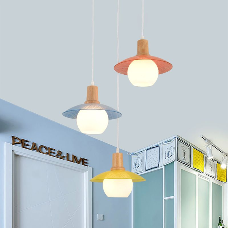 Macaron Disk Multi Pendant Light Blue-Roule bleu-jaune 3 Bulbes Room Doup-Drop Lampe avec dessus en bois