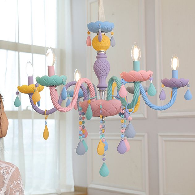 Girl Bedroom Candle Pendant Light Multi-Color Glass Macaron Chandelier