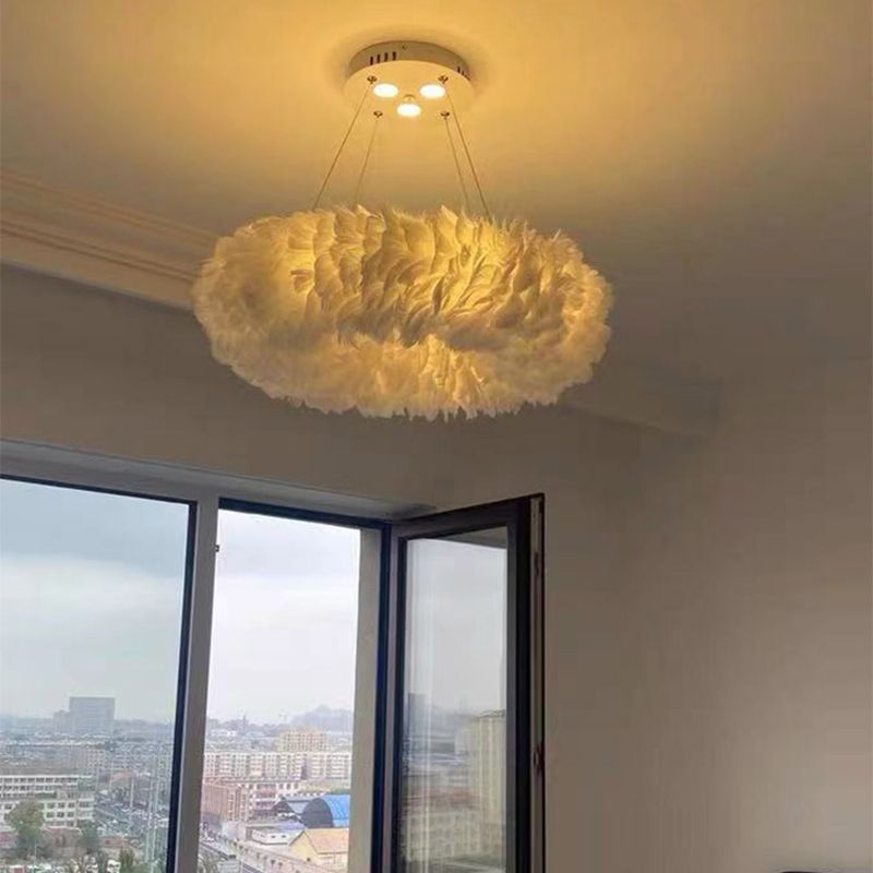 Feather Circle Chandelier Light Fixture Nordic Pendant Lighting Fixture in White