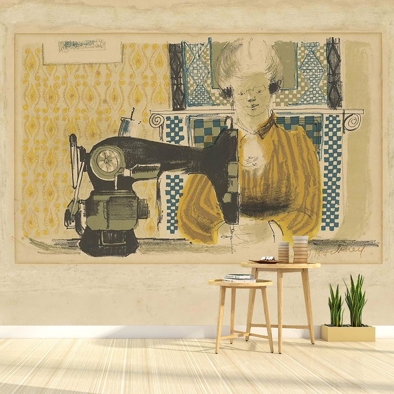 Pastel Color Art Deco Murals Full Size Woman with Sewing Machine Drawing Wall Covering for Home