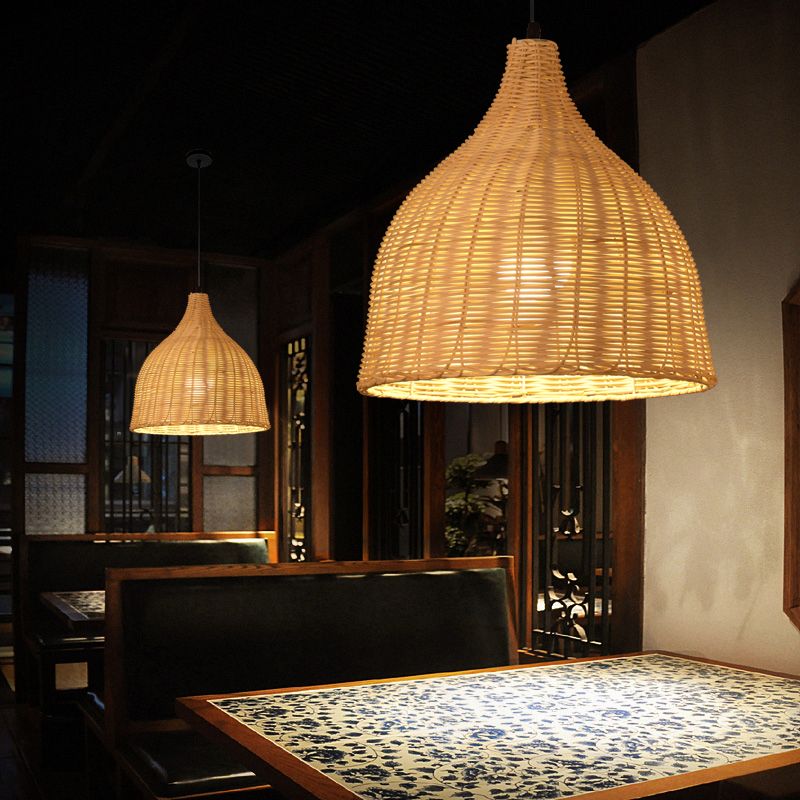 1-Light Hanging Light Fixture Asian Style Pendant Lamp with Rattan Shade for Living Room