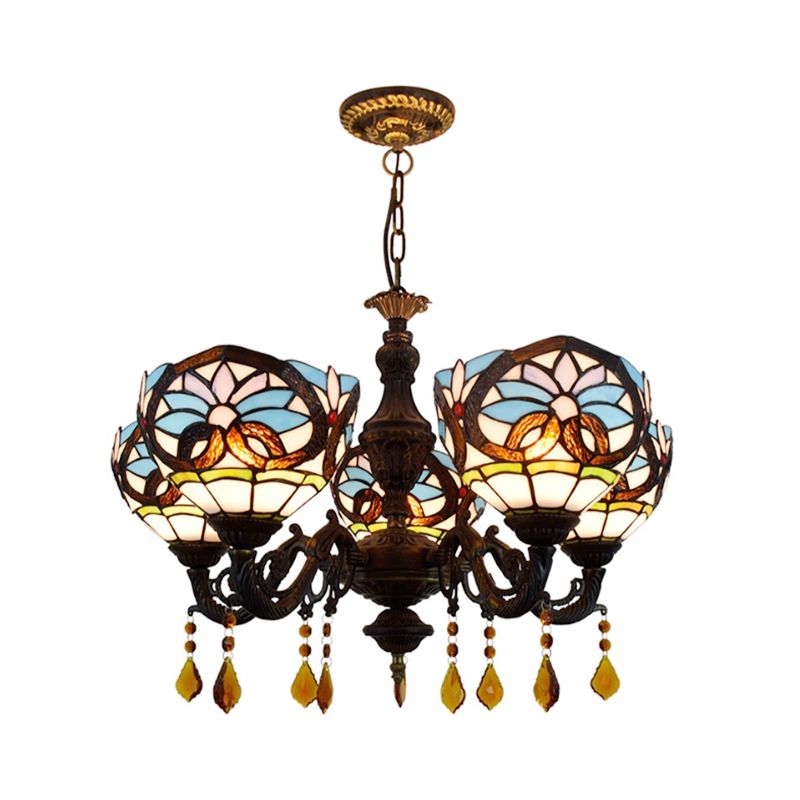 5 Heads Bowl Hanging Light Tiffany Style Stained Glass Chandelier Light with Crystal in Blue for Living Room