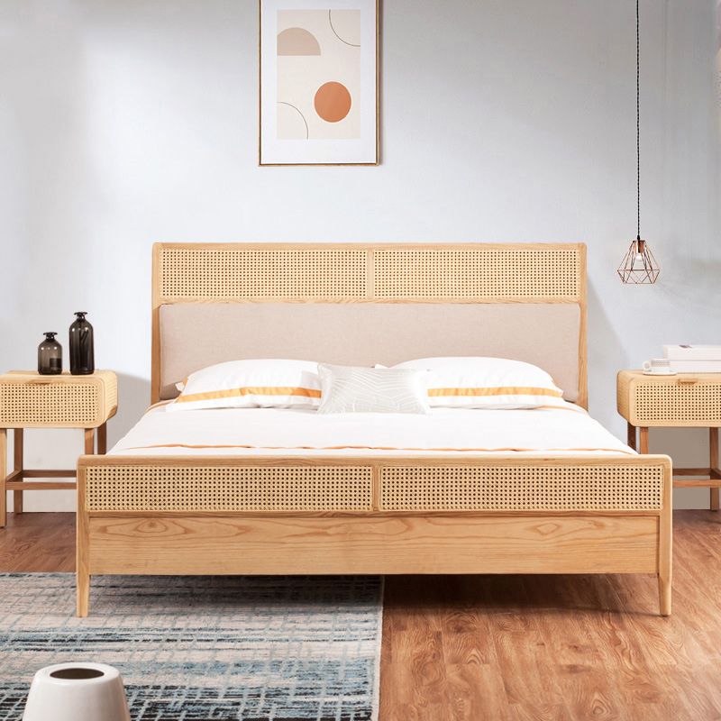 Natural Solid Wood Panel Bed Upholstered Bed Frame with Rattan Accent