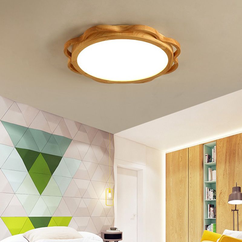 Wood Modern Ceiling Light LED Geometric Shape Flush Mount with Acrylic Shade for Bedroom