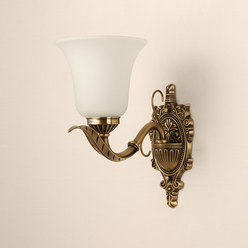 Opal Glass Brass Wall Mount Light Bell Shade 1 Light Traditional Style Wall Lighting Ideas with Carved Backplate